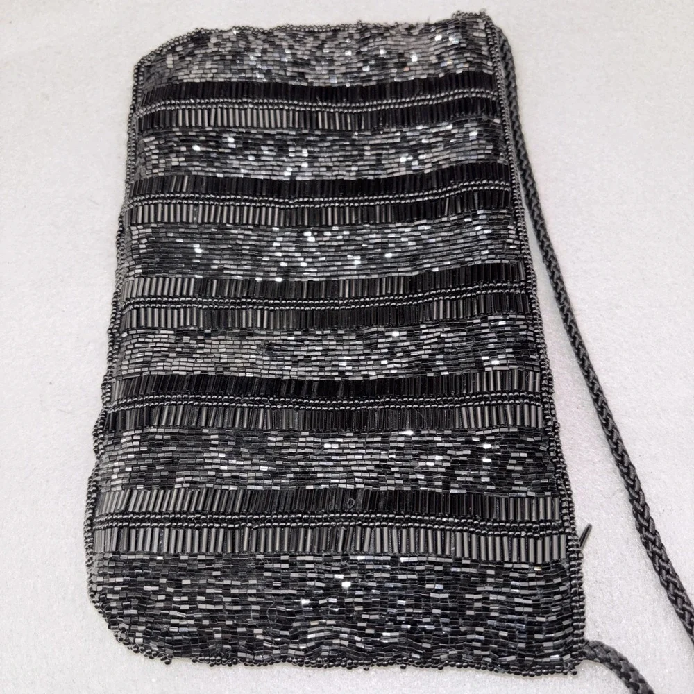 Vintage Andre Cellini Black Bugle Beaded Evening Bag Corded Shoulder Strap EUC